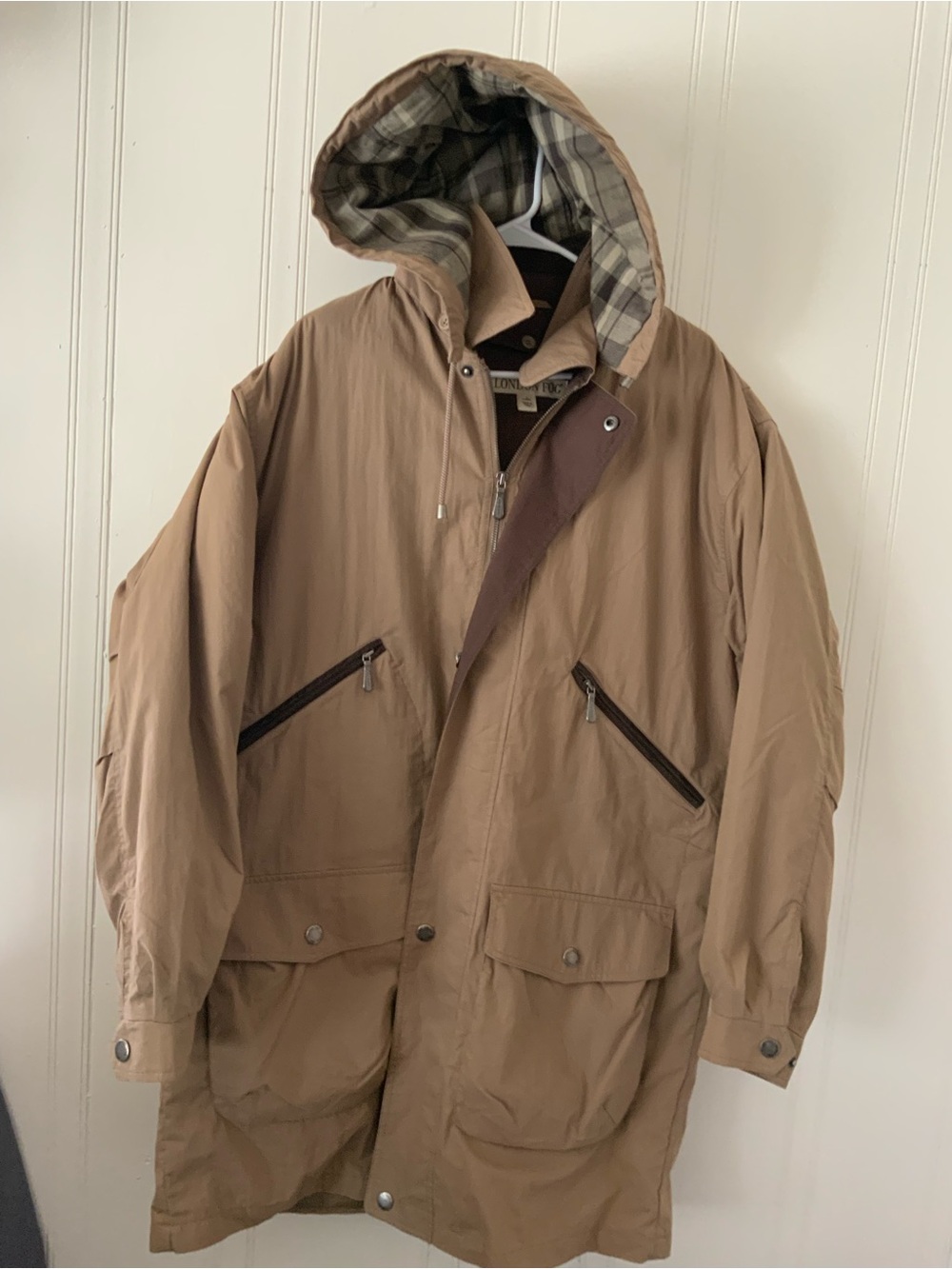 London Fog Tan Hooded Raincoat with Plaid Hood Lining